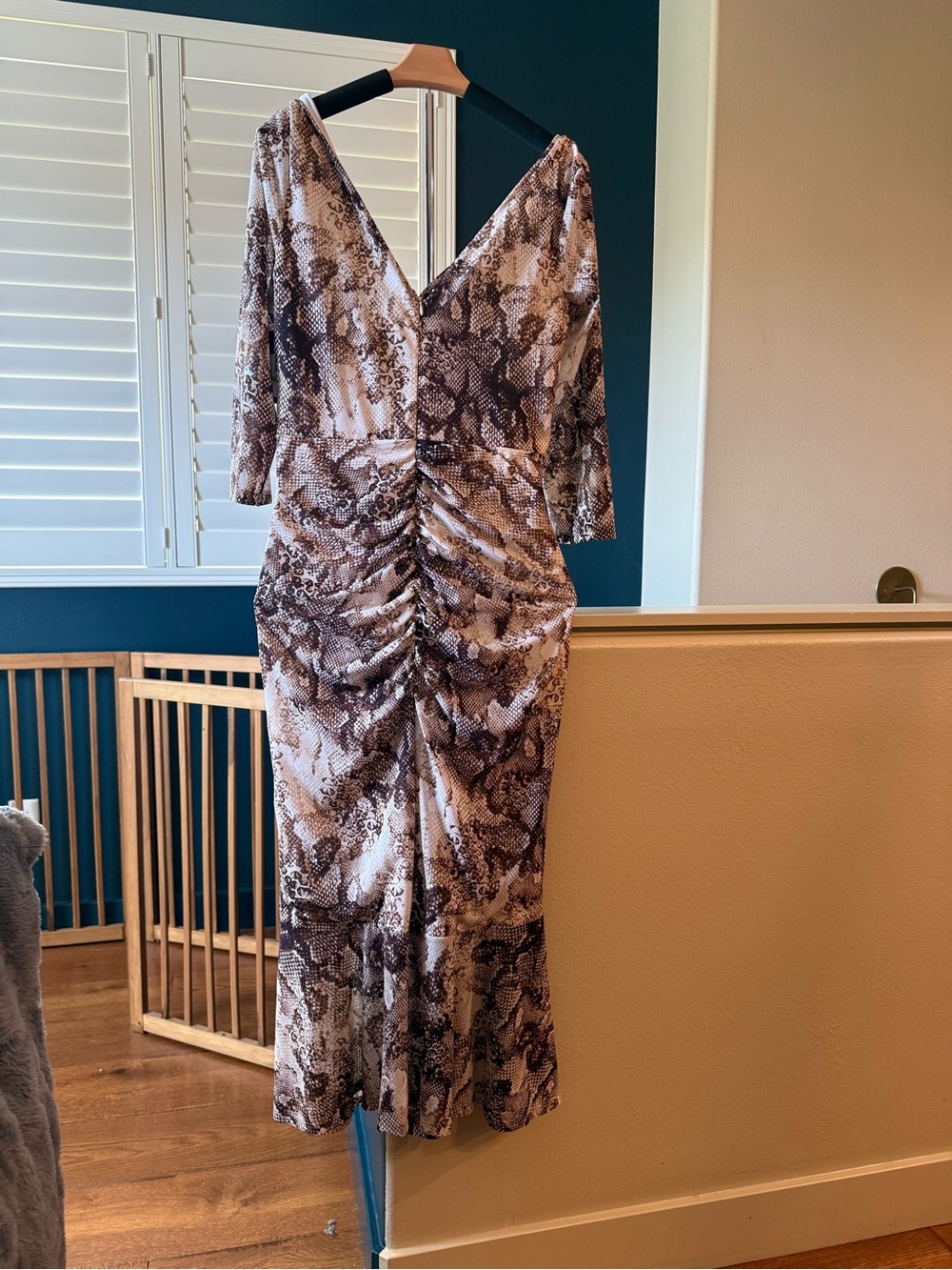 Guess Brown and White Snake-Print Ruched V-Neck Midi Dress